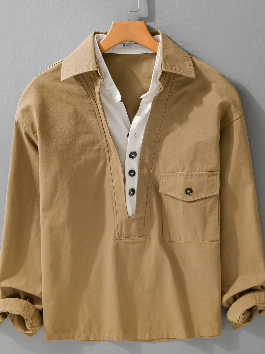 

Loose Long Sve Pure Cotton V-Ne irt Men's Casual Sle Layering Trendy Outerwear Fake Two-Piece Design Comfortable Fit