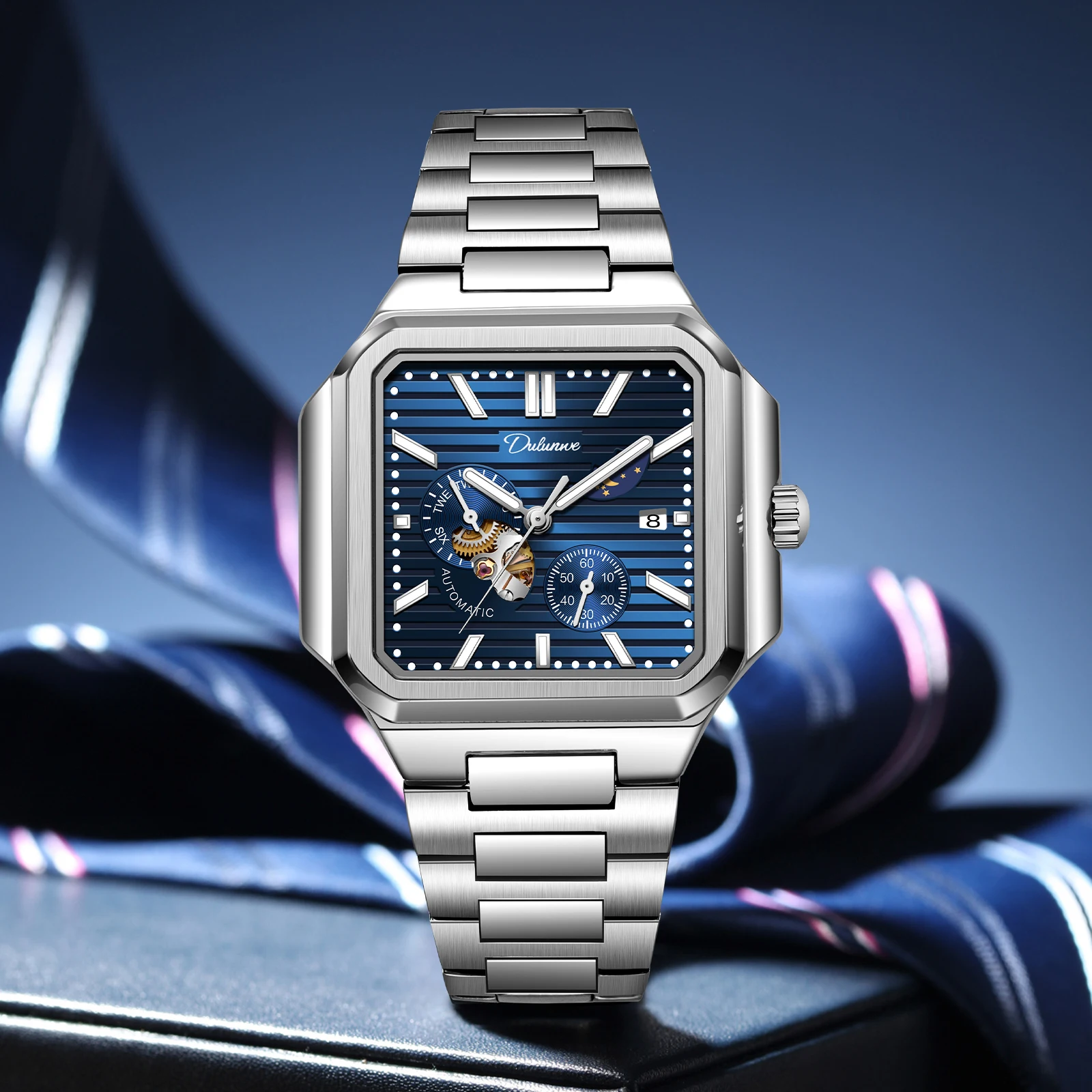 

Мужские автоматические часы Dulunwe, квадратные механические часы с автоподзаводом, дизайн Subdial Seconds. Дневной дисплей