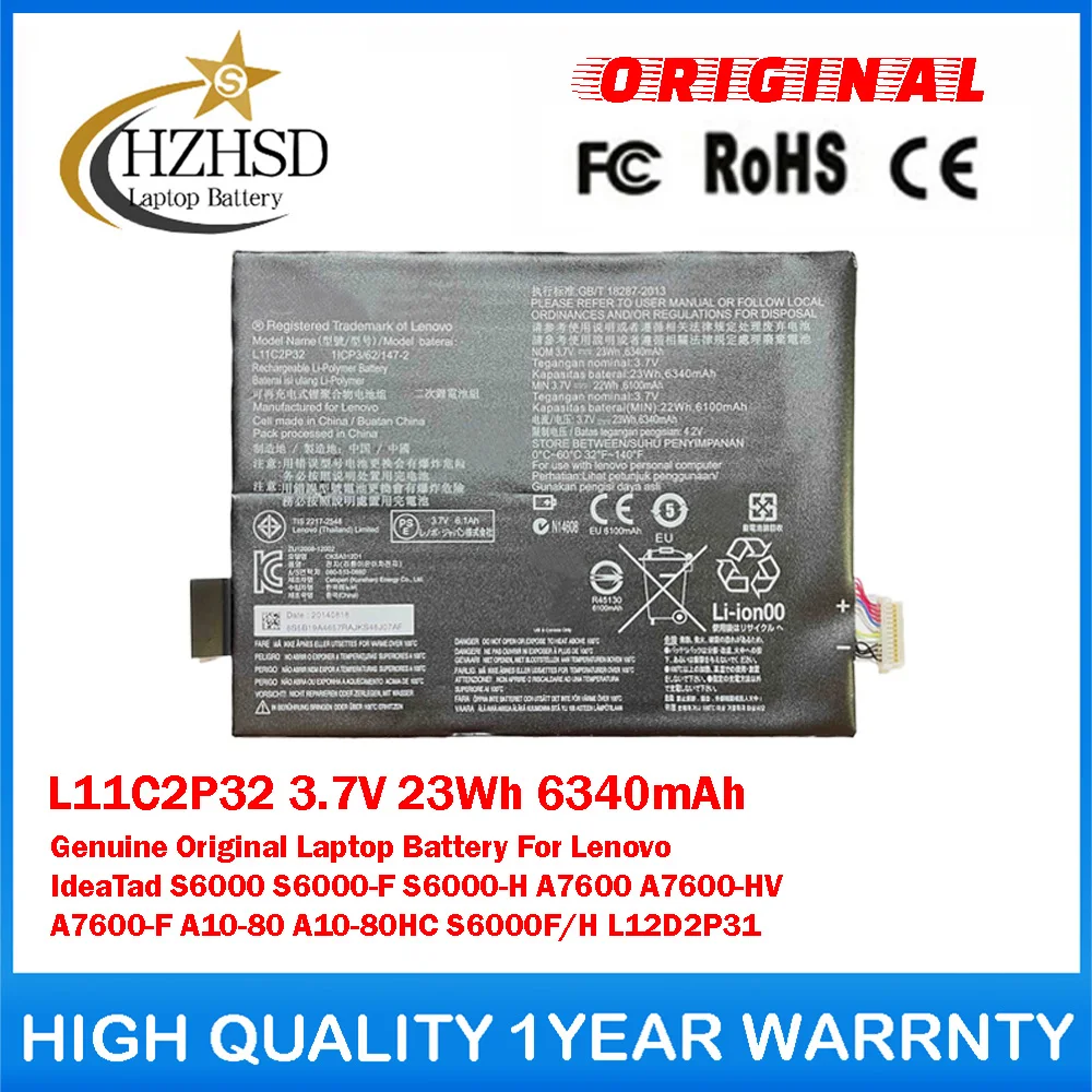 Batería Original para ordenador portátil L11C2P32 3,7 V 23Wh 6340mAh para Lenovo IdeaTad S6000 S6000-F/-H A7600 A7600-HV/-F A10-80 A10-80HC