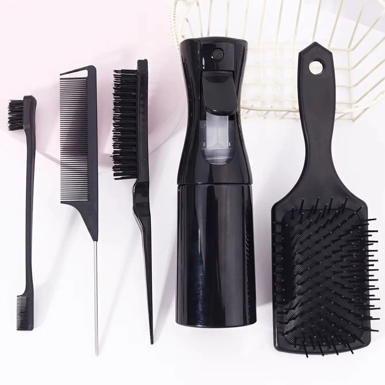 مجموعة أمشاط الشعر مكونة من 5 قطع، مع مشط وسادة هوائية، ومشط ذيل الفئران، ومشط التحكم في الحواف وزجاجة رذاذ خاصة للشعر المستعار الحقيقي #5