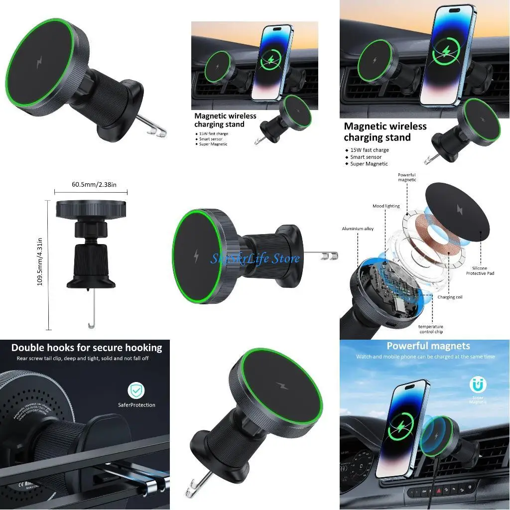 

E65E 15 Вт Автомобильная подставка для зарядки мобильного телефона с магнитной адсорбцией на 15, 14, 13, 360 градусов, подставка