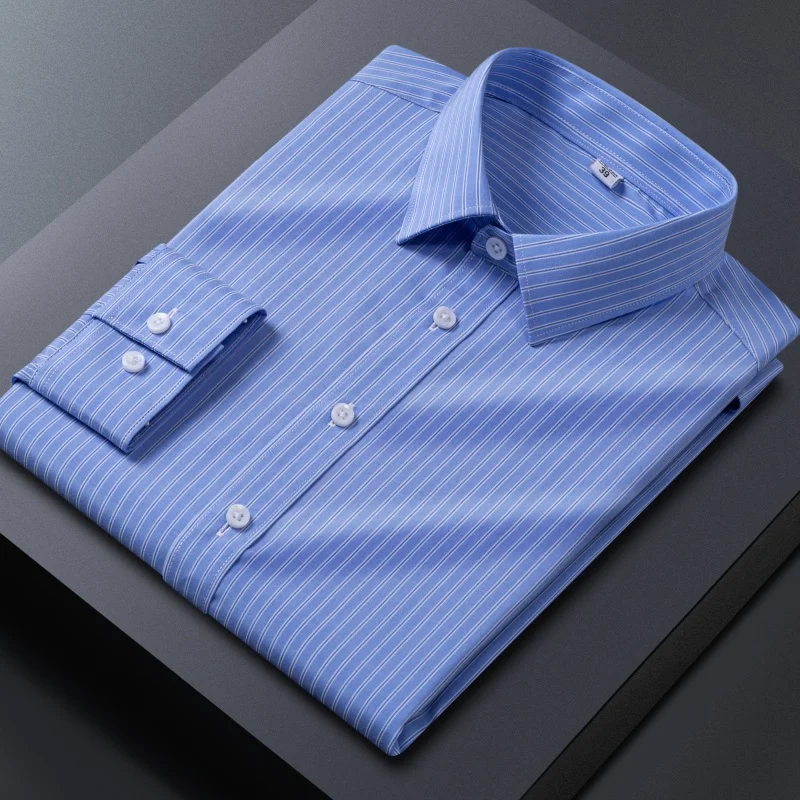 Bamboo fiber Classic Striped Plaid Shirt Men Long Sleeve Shirt White Easy-care Casual Business Formal Long Sleeve Shirt for Men