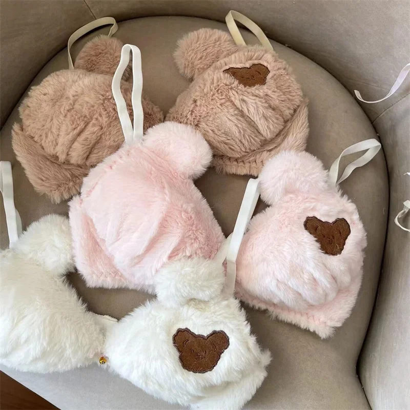 Japanese Lingerie Wire Free Cute Soft Underwear Autumn Winter Plush Comfortable Bra Panty Set Kawaii Bear Heart Animal Pink Bra