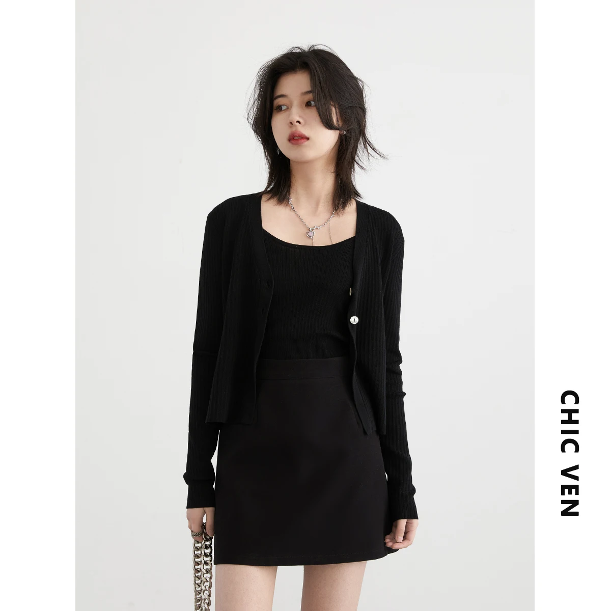 CHIC VEN Women Cardigan Loose Casual New V-neck Female Sweaters Woman Top Suspender Pleated Dress Set Spring Summer 2024