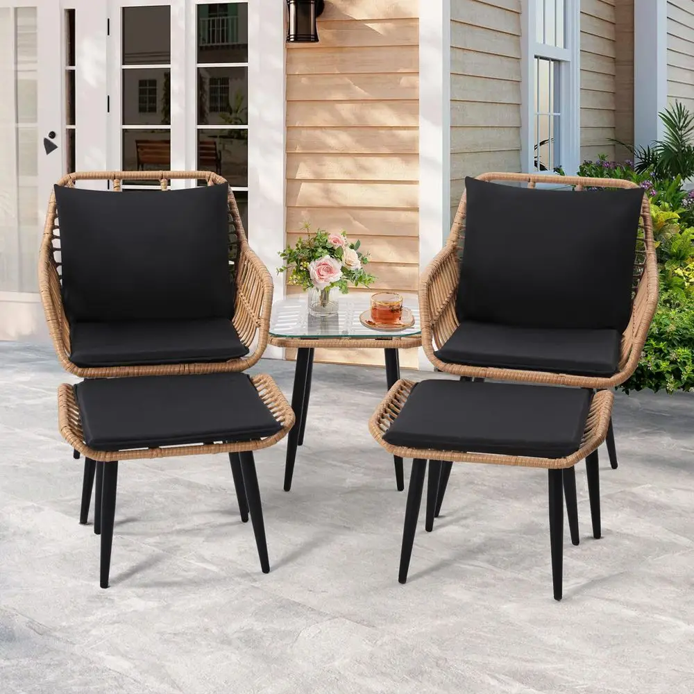 

5 Piece Wicker Bistro Patio Conversation Furniture Set, Includes 2 Chairs, 2 Ottomans, and Side Table, Ideal for Porch, Balcony