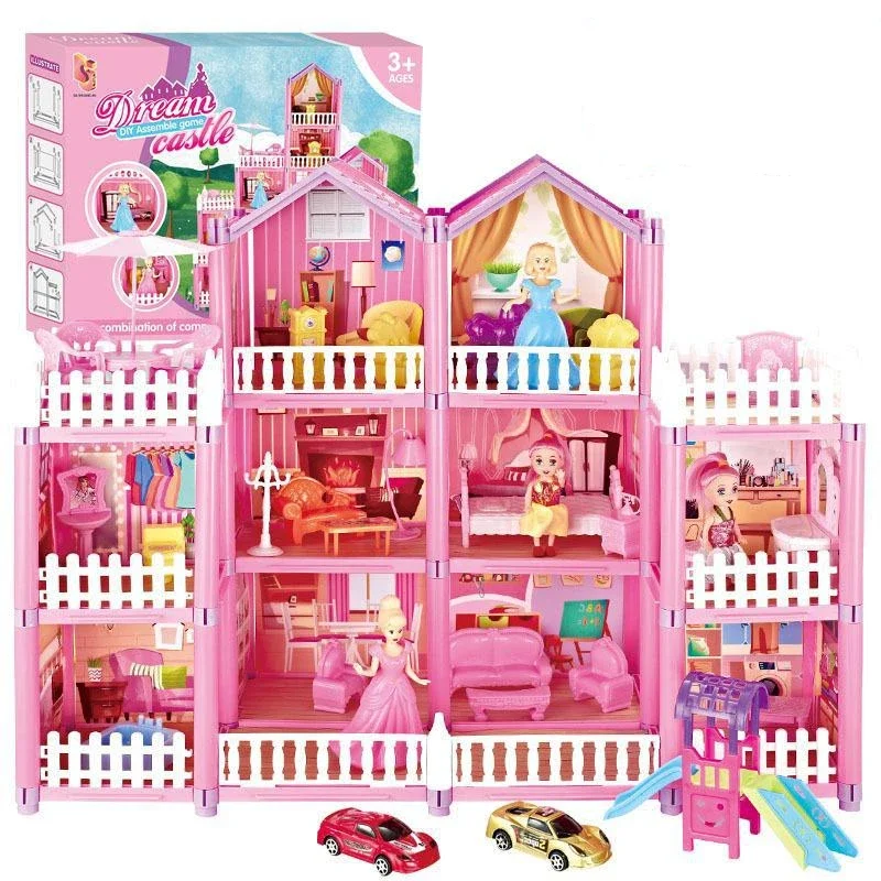 princess-big-villa-diy-dollhouses-pink-castle-play-house-with-slide-yard-kit-assembled-doll-house-toy-birthday-gift-kitchen-item