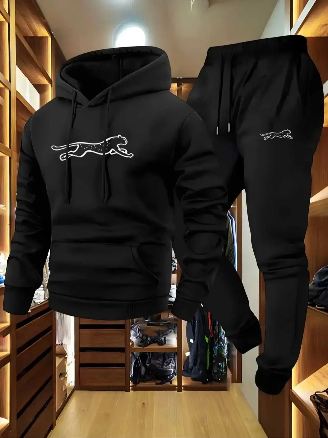 

Men's hooded sweatshirt and sweatpants set, casual long-sleeved, printed hooded style, comfortable pocket, street style