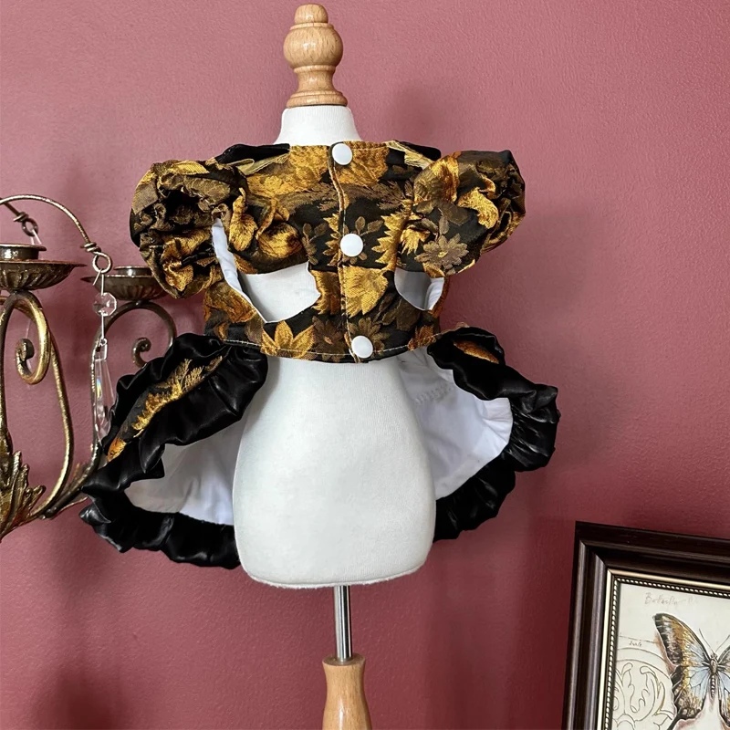 Trendy Vintage Handmade Pet Dog Clothes Luxury Black Gold Embroidery Print Party Dress For Small Medium Dog Puppy Outfits Skirts