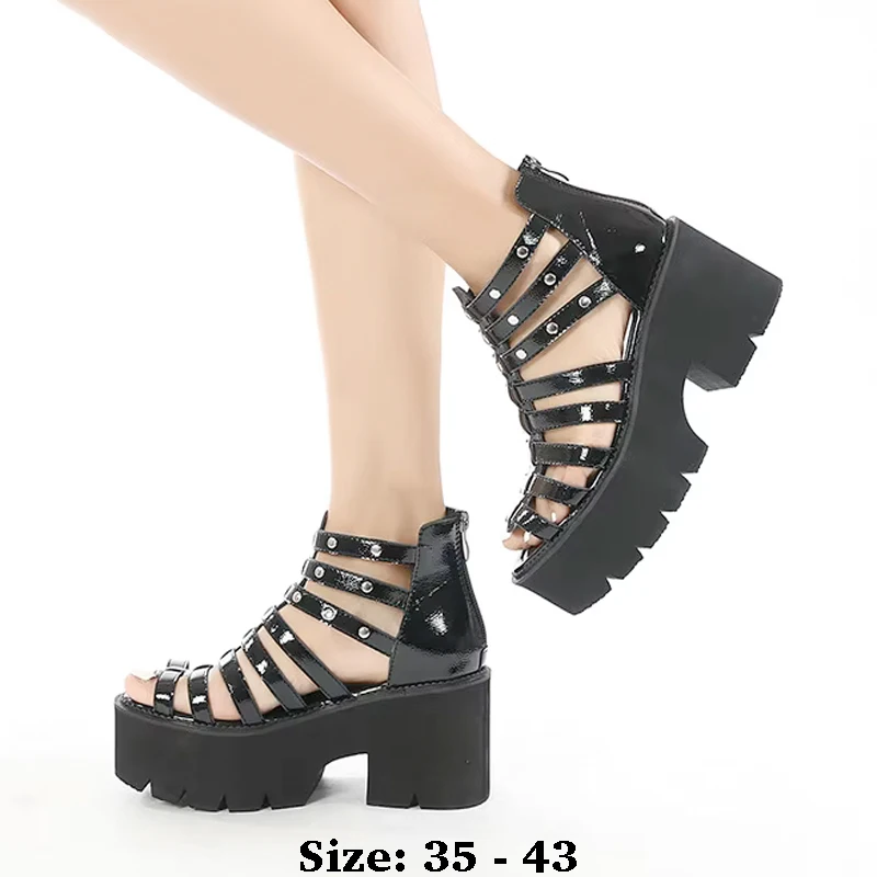 

High quality summer thick soles striped patent leather sandals for women 8cm high heel rivet 35 43 open toe fashion shoe black
