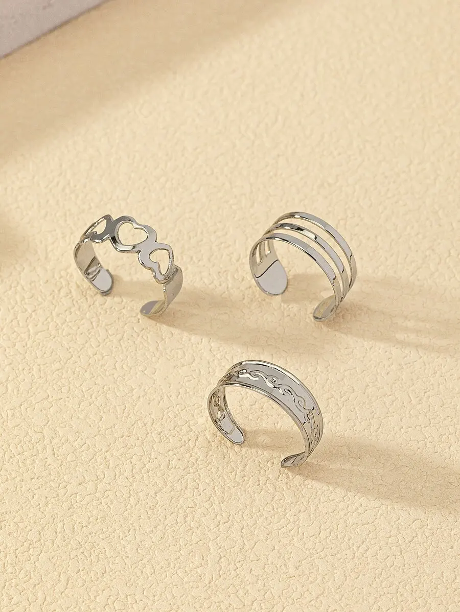 

3-Piece Adjustable Cuff Toe Rings With Heart And Scroll Cutout Design For Women