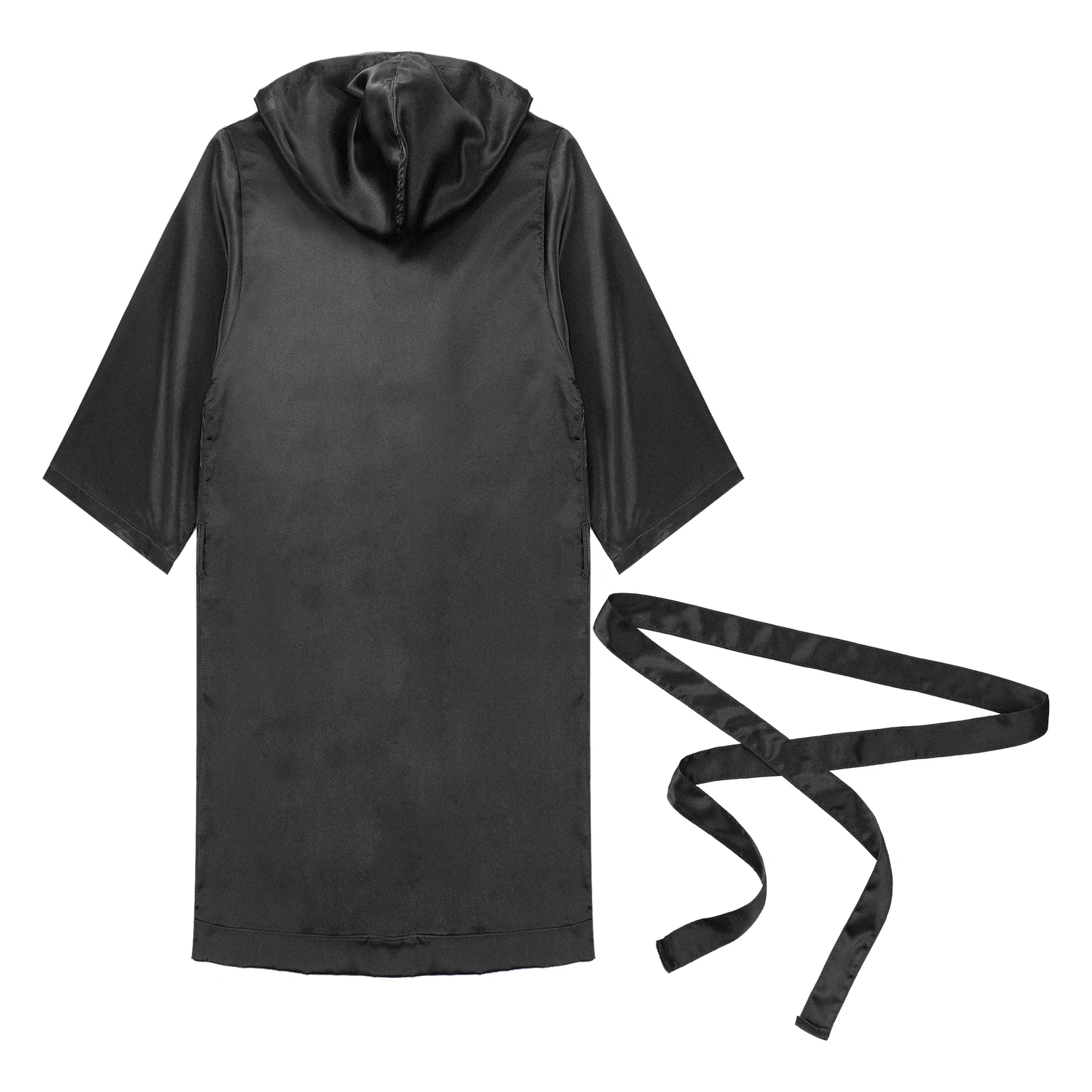 Mens Robe Nightgown Satin Open Front Belted Kimono Half Sleeve Hooded Bathrobe Nightwear for Sleeping Casual Home Wear Hot Sale