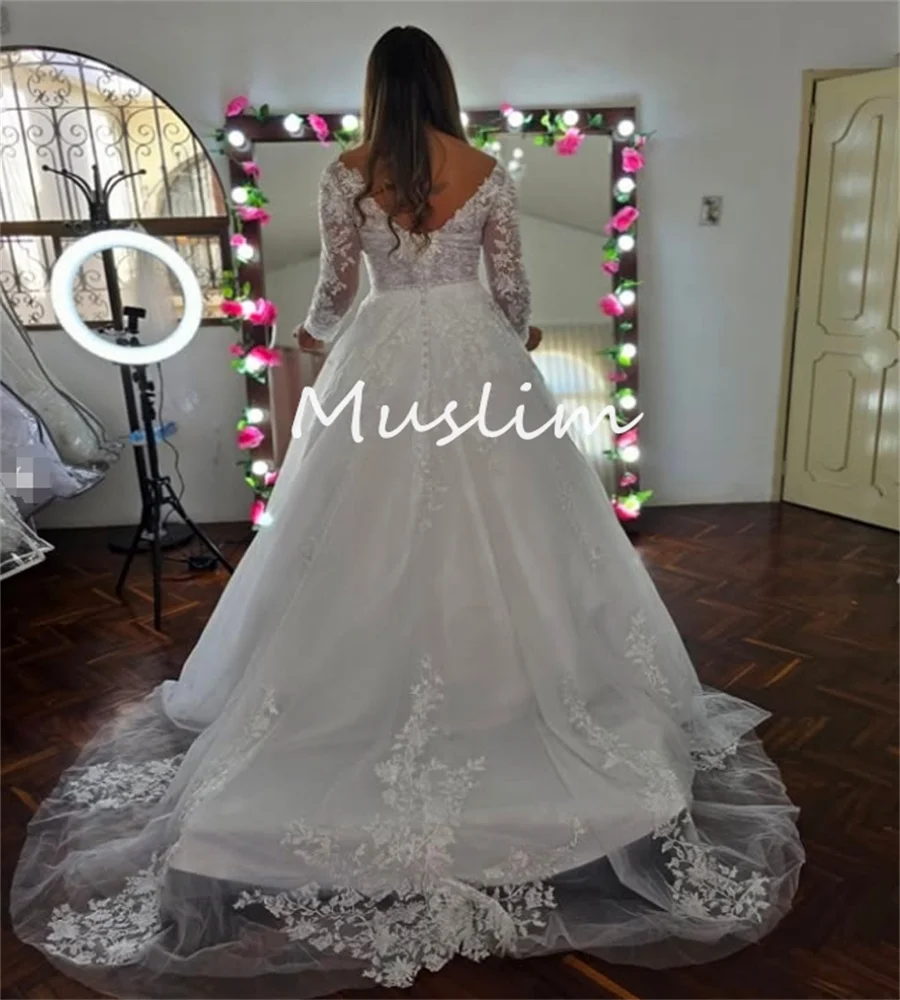 Gatsby boho vestido de casamento com decote em v manga longa boêmio vestido de noiva apliques uma linha tule praia vestidos de noiva coreano personalizado