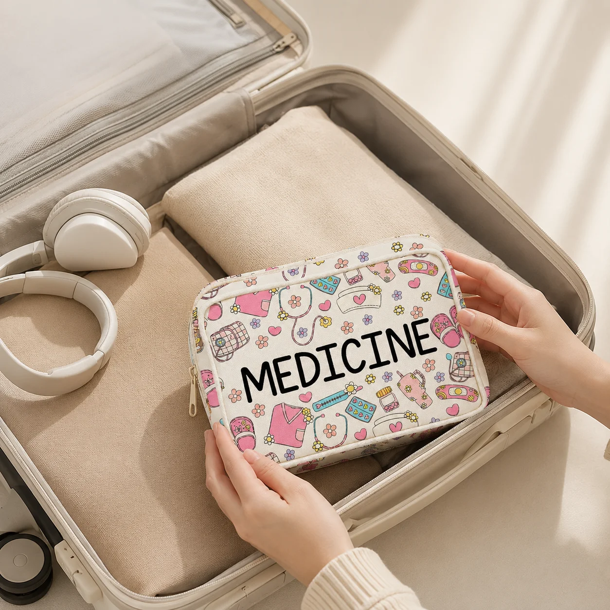 Cute Floral Medicine Bag, Large Capacity Zipper First Aid Organizer for Women, Travel, Home, School, Camping & Emergency image 3