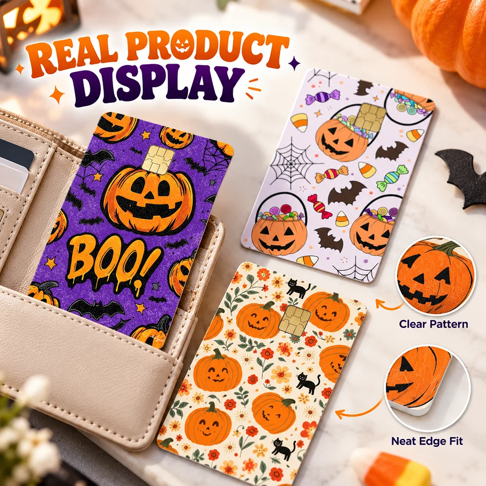 Colorful Halloween Card Skin Sticker Cartoon Pumpkin Candy Ghost Bat Pattern Cute Decorative Chip Card Cover Seasonal Gift Idea