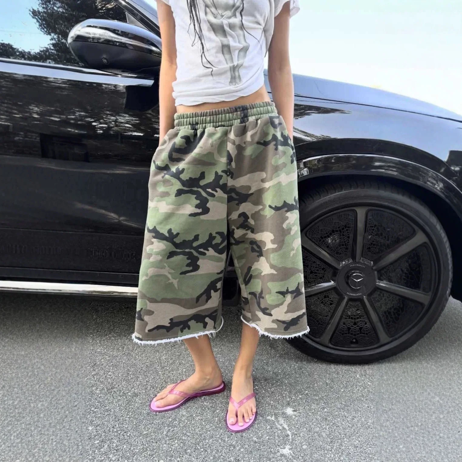 Camouflage Loose Wide Leg Casual Shorts Streetwear Retro Hemming Design Hip Hop Loose Fit Seven Inch Pants High Waist Polyest...