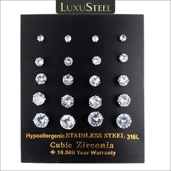 LUXUSTEEL 10 Pairs/Set 3-10mm White Clear Crystal Earrings For Women Men Stainless Steel Zircon CZ Ear Piercing Wholesale