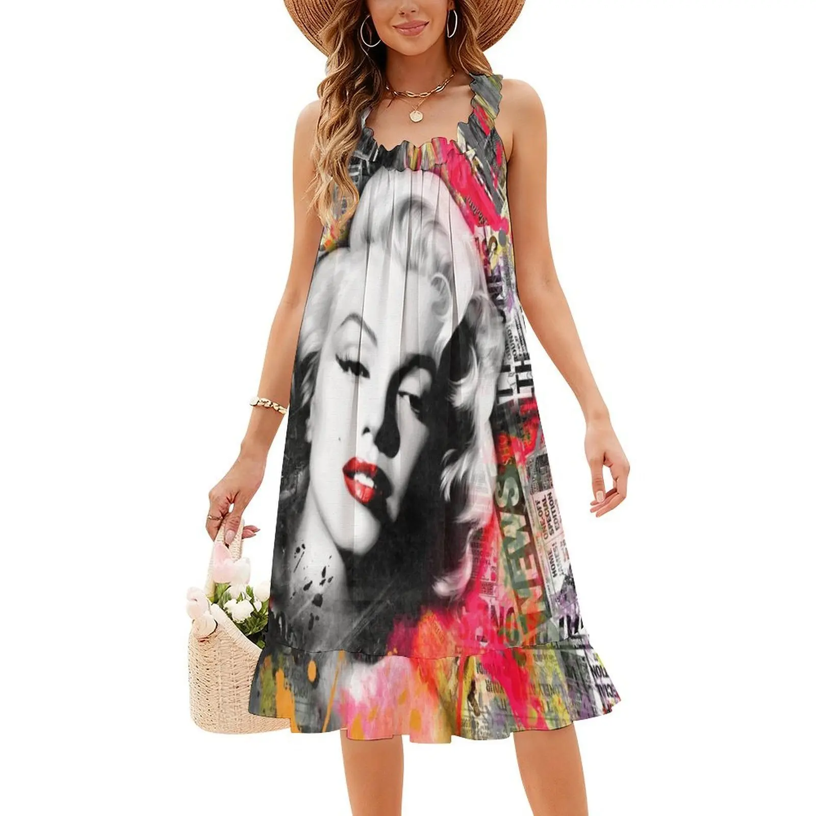 مارلين مونرو فن البوب فستان بوهيمي عتيق بأكمام منتفخة أو خيارات بلا أكمام للنساء فستان مارلين مونرو فن البوب الجمال