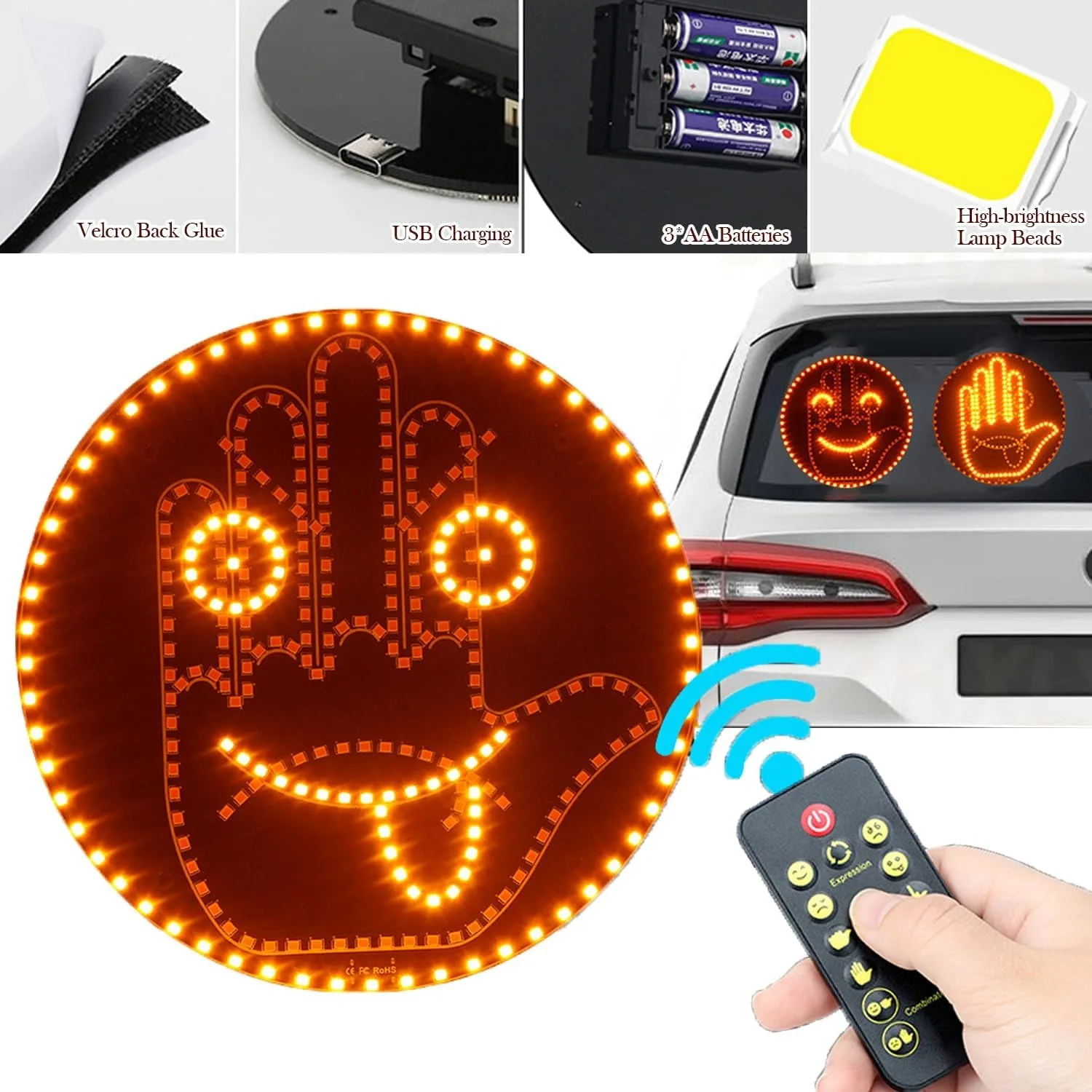 Finger Car Light with Remote 4 Emojis and 4 Gestures Cool Car LED Sign Road Rage LED Sign for Car Fun Car Gadgets Truck Accessories for Men & Women