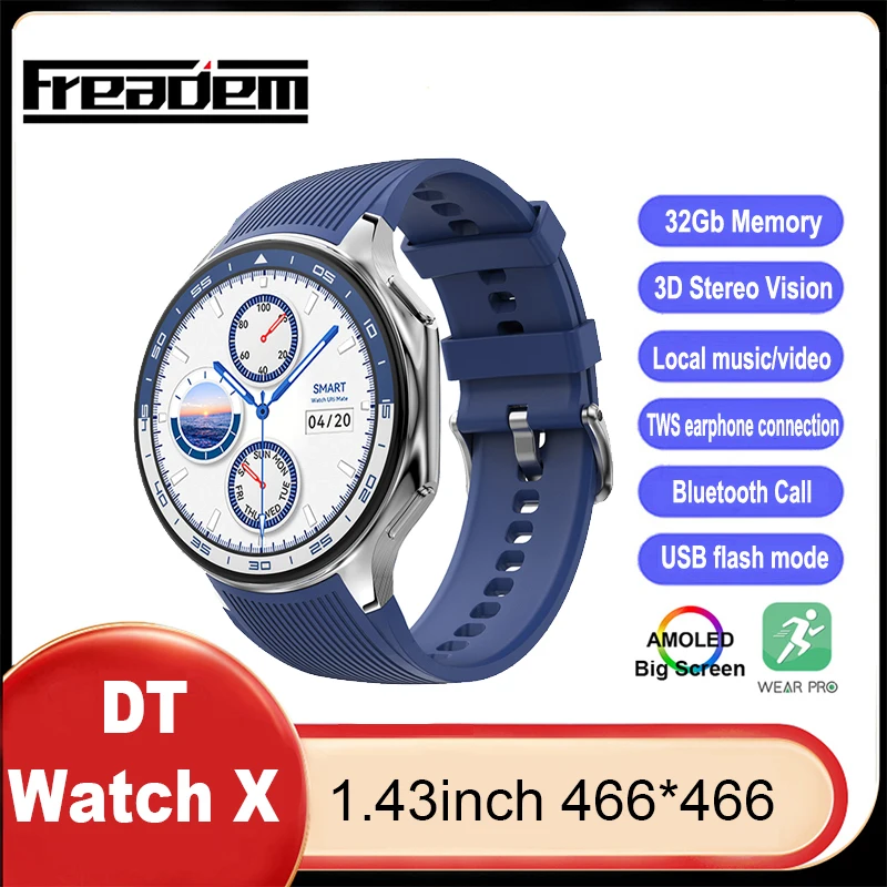 DT Watch X Smart Watch Amoled Round 32Gb Memory Local Music Bluetooth Call 3D Menu Bluetooth Smart Watch for Men Women 2024