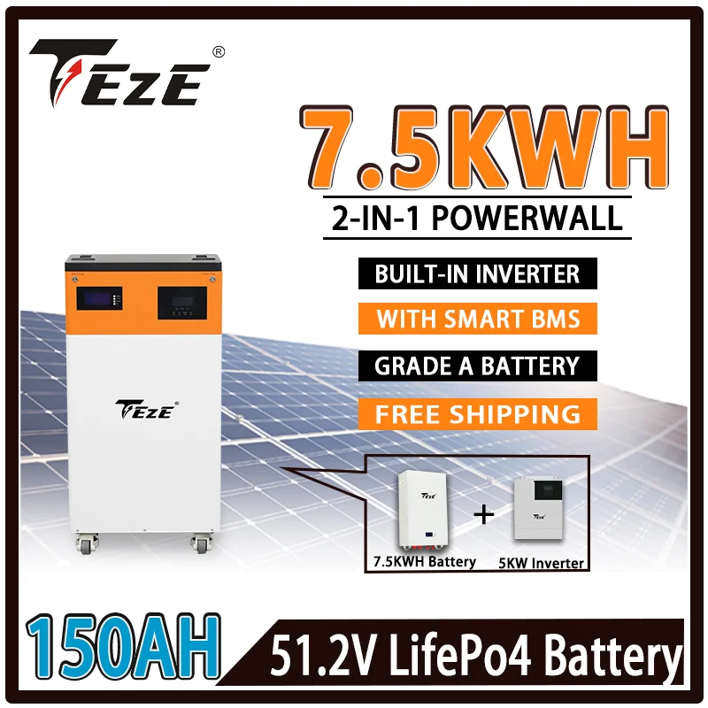 TEZE 51.2V 150AH 7.5KWH Powerwall With 5KW Inverter All-in-One Solar Power Energy Storage LifePo4 Battery Built-in BMS