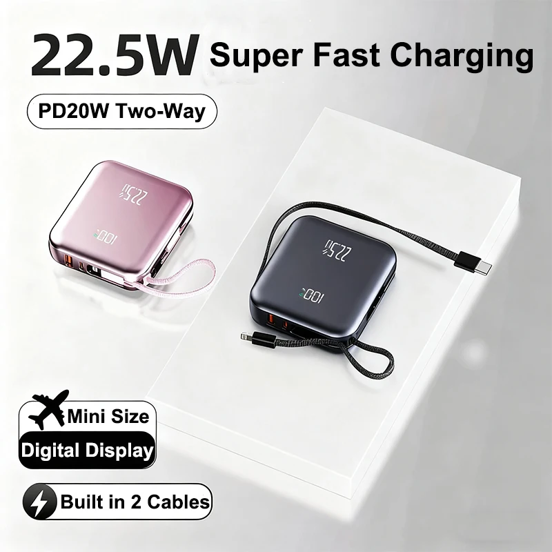 

Mini Power Bank 20000mAh Built in Cable 22.5W QC PD 3.0 Fast Charging Portable Charger for iPhone 17 16 Samsung Xiaomi Powerbank