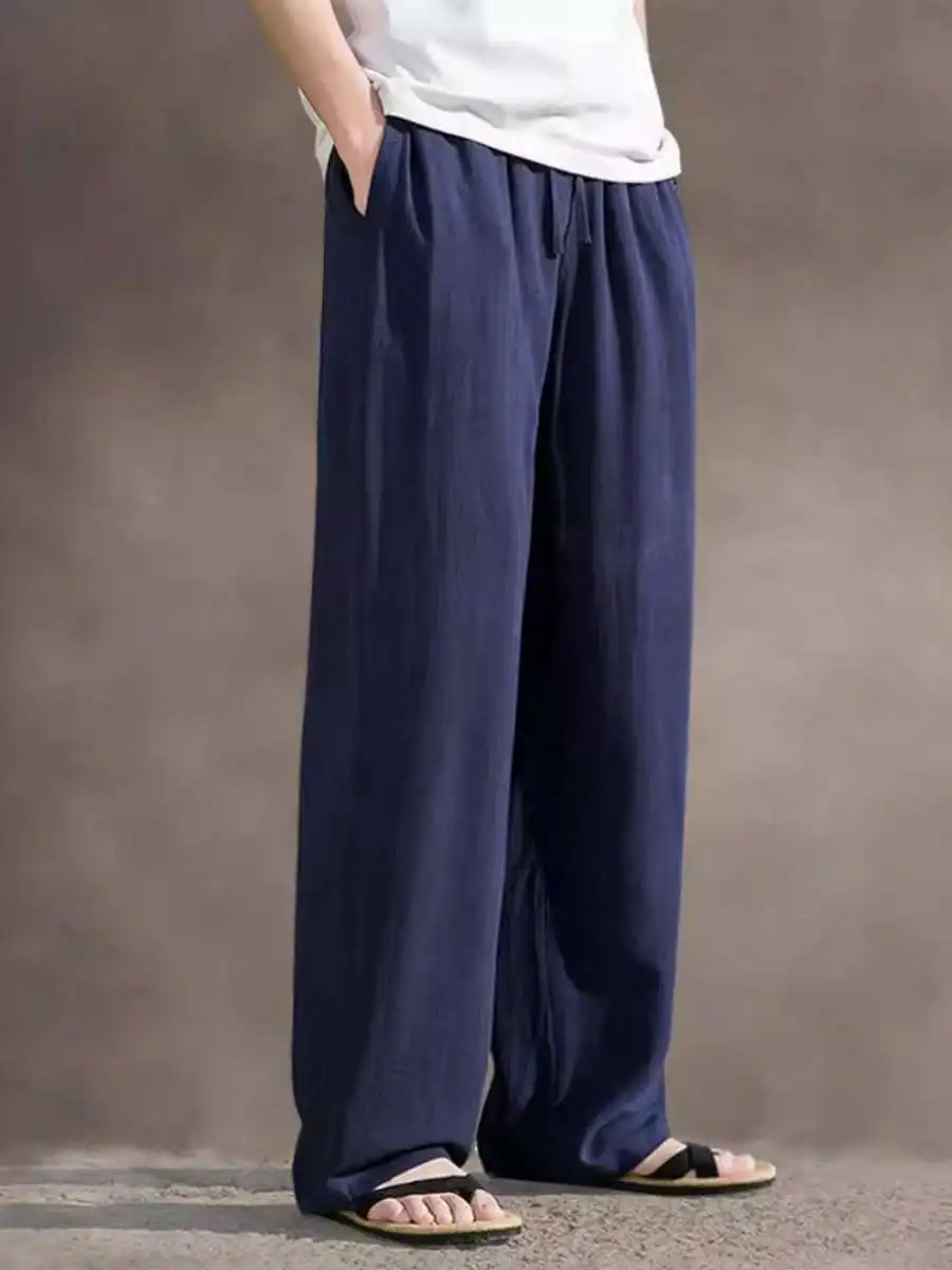 

Мужские повседневные брюки из льна свободного кроя, широкие, длинные, тонкие, дышащие, летние, из хлопка и льна, с эффектом драпировки