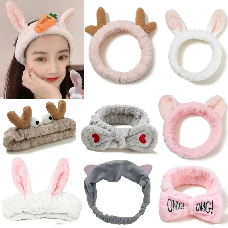 Lavagem do rosto feminino faixas de cabelo macio quente coral velo arco orelhas animais bandana para meninas turbante acessórios para o cabelo