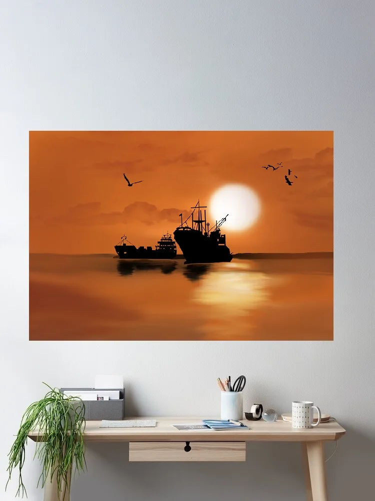 The night Ship, Painting Print Art Silk Poster, for Living Room Decoration, Home Wall Decor Picture