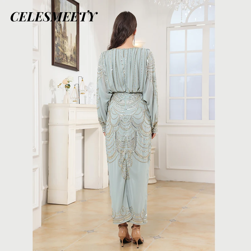 Luxurious Royal-Style Computerized Sequin Beaded Embroidery Prom Evening Dress Elegant Chiffon Batwing Sleeve Dress