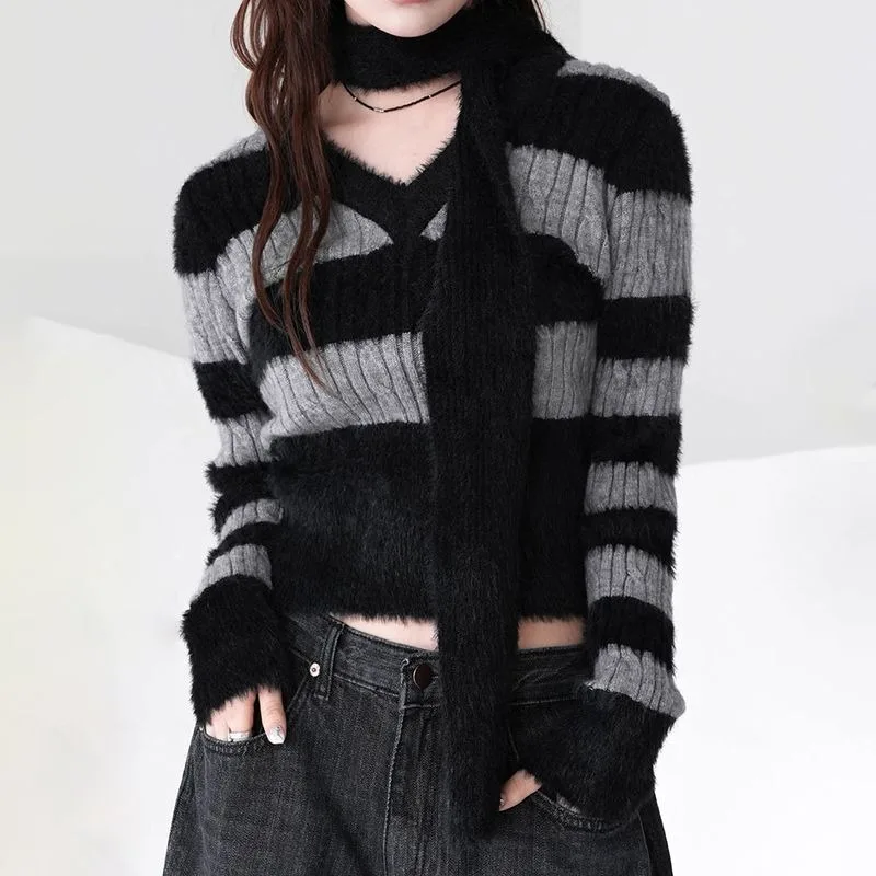 Japanese Harajuku Contrast Color Striped Sweater Women Jumpers Korean Chic Knitted Y2k Aesthetic Fluffy V Neck Scarf Pullovers