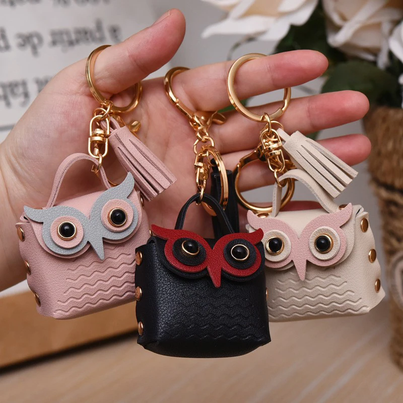 SXH 1PC Cute Key Bag Owl Coin Purse Mini School Bag Car Key Chain Pendant Lady Wallet Leather Coin Purses Coin Purse Keychain