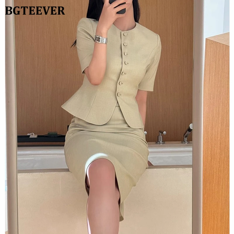 BGTEEVER Elegant Slim Ladies 2 Pieces Blazer Set Short Sleeve Single-breasted Jackets Women High Waist Package Hip Skirts