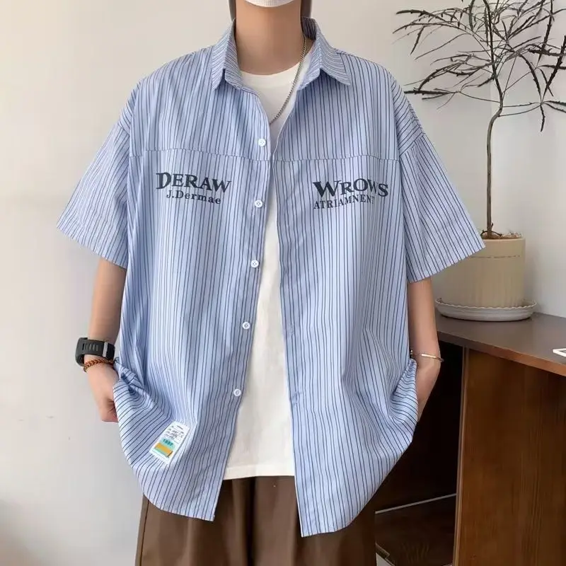 

Fashion Lapel Button Printed Letter Striped Shirts Men Clothing 2025 Summer New Loose Short Sleeve All-match Tops Korean Shirts