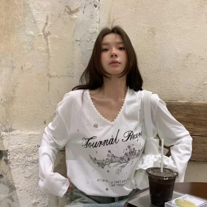 Girls Home Trendy Summer Fashion Style French Alphabet Painting V-neck Gear Craft Long Sleeve Ladies T-shirt Top