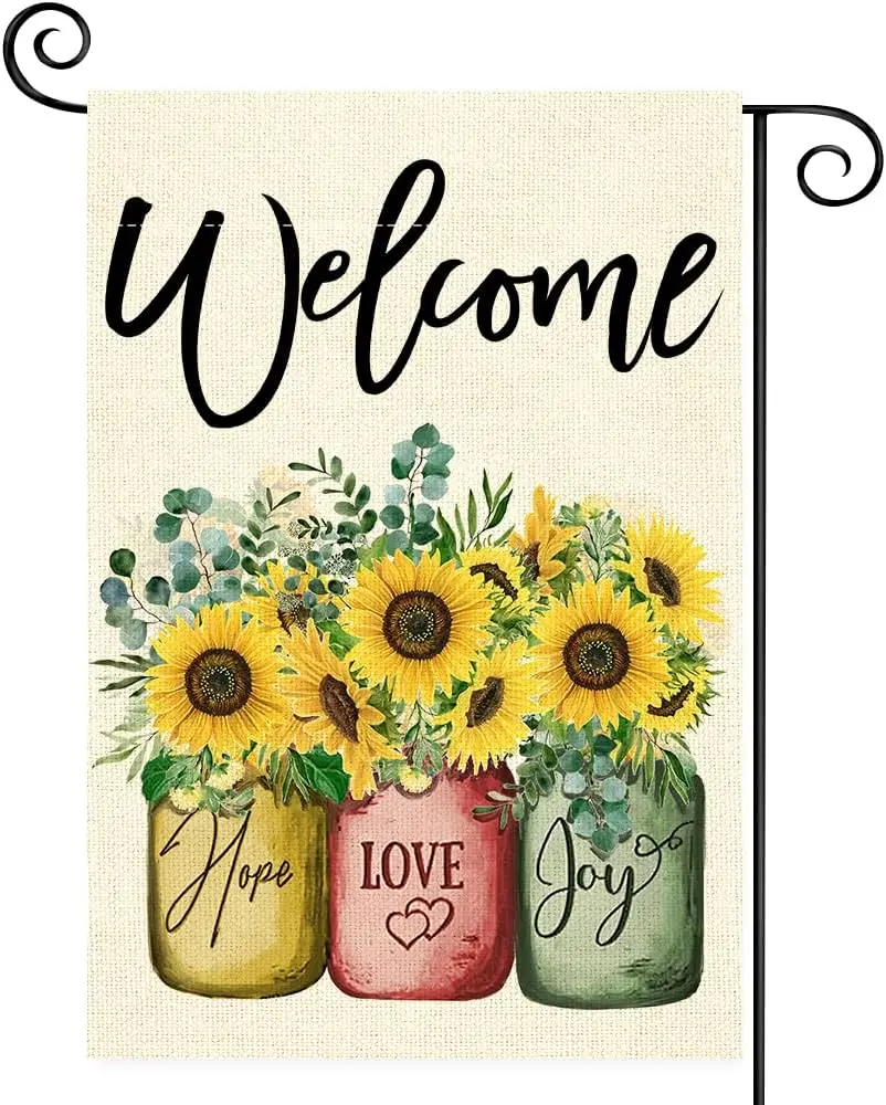 Summer Garden Flag Mason Jar Sunflower 12x18 Inch Double Sided for Outside,Best Choice Welcome Peeps Burlap Small Seasonal Flora