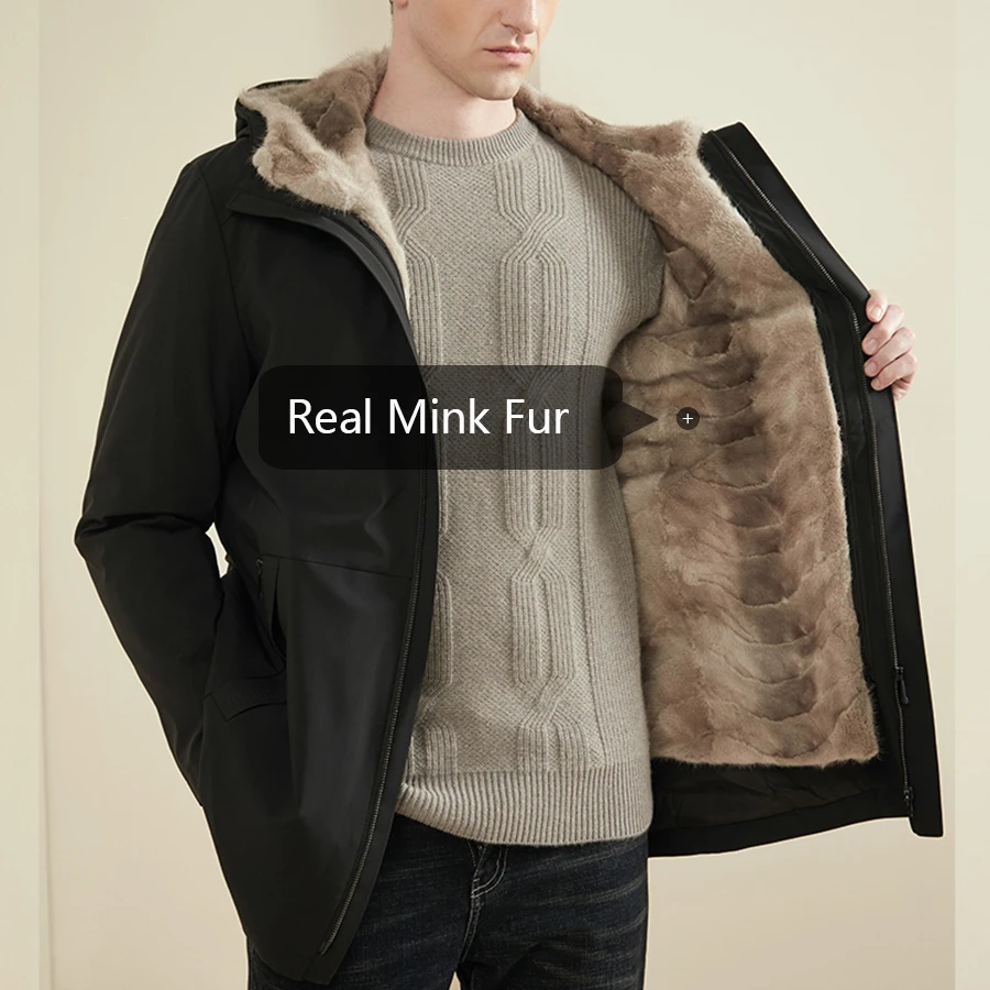 Men Parkas Winter Jacket Real Mink Fur Lining Real Fur Hood Parka Men Mid-Length Natural Fur Jacket