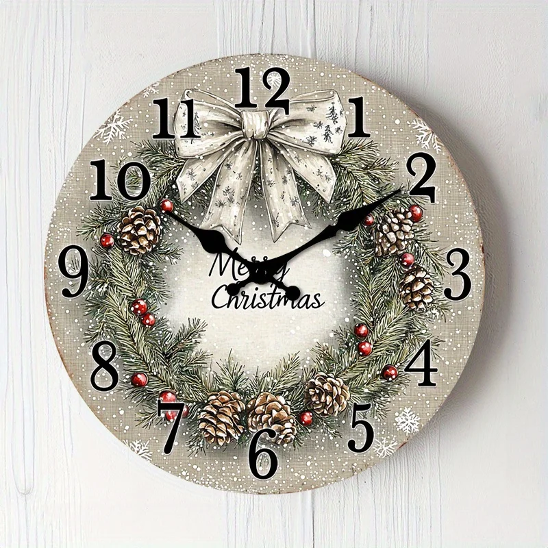 1pc Silent Non-Ticking Wall Clock Christmas Wreath Design with Pine, Red Berries Bow Elegant Holiday Decor for Living Room