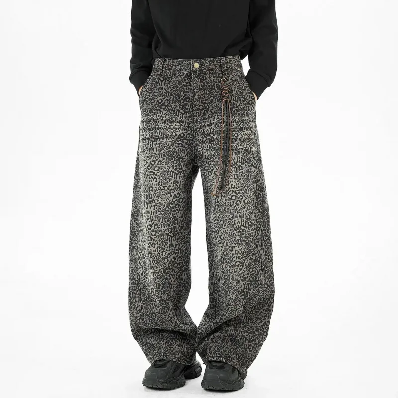 

2026 Vintage American Tiger Print Jeans Black Brown Men's Loose Wide Leg Fashion Streetwear Y2K Retro Trousers