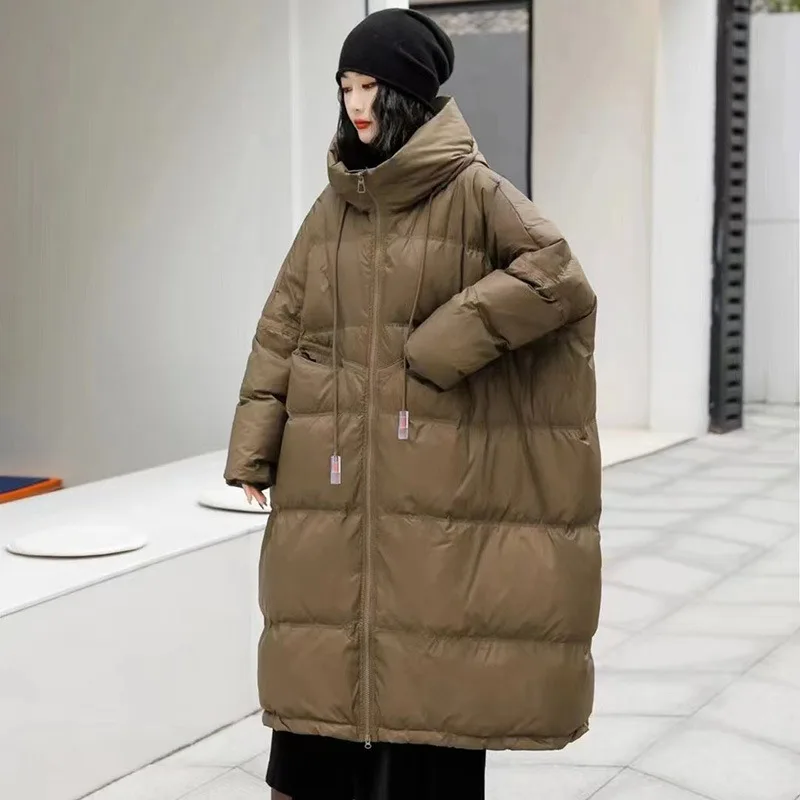 Women's Autumn Winter Down Jacket New Warm Thick Hooded Mid-Length Hooded White Duck Down Coat Oversized Outerwear Windproof