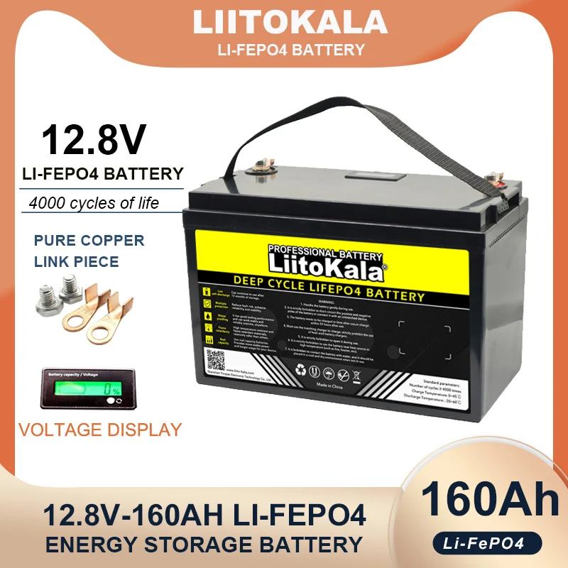 بطارية LiitoKala 12.8 فولت/12 فولت 160AH 4s LiFePO4 USB 3.0 نوع-C دورات الإخراج العاكس بطاريات ولاعة السيارة 14.6 فولت شاحن معفاة من الضرائب