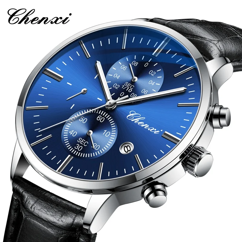 CHENXI 971 relojes de cuarzo a la moda para hombre, elegante correa de cuero, cronógrafo resistente al agua, calendario, reloj de pulsera informal luminoso para hombre