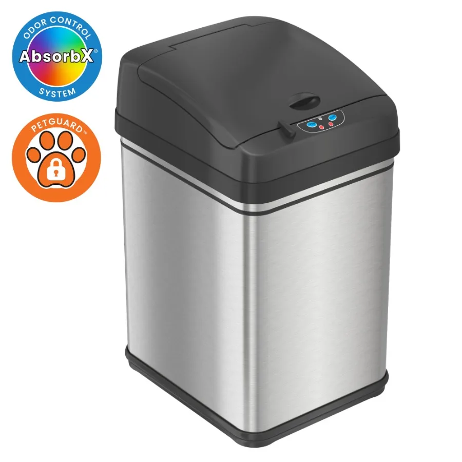 

8-галлонный серебристый мусорный бак из нержавеющей стали с сенсорным механизмом, запирающейся крышкой и фильтром для устранения запахов для кухни, ванной, спальни, офиса, для хранения