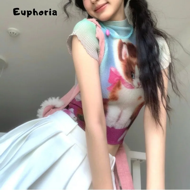 نشوة خمر تصميم جديد تمتد تي شيرت التباين كيتي طباعة المحاصيل الأعلى Gyaru 2025 الصيف س الرقبة تيز عادية E-girl القمم