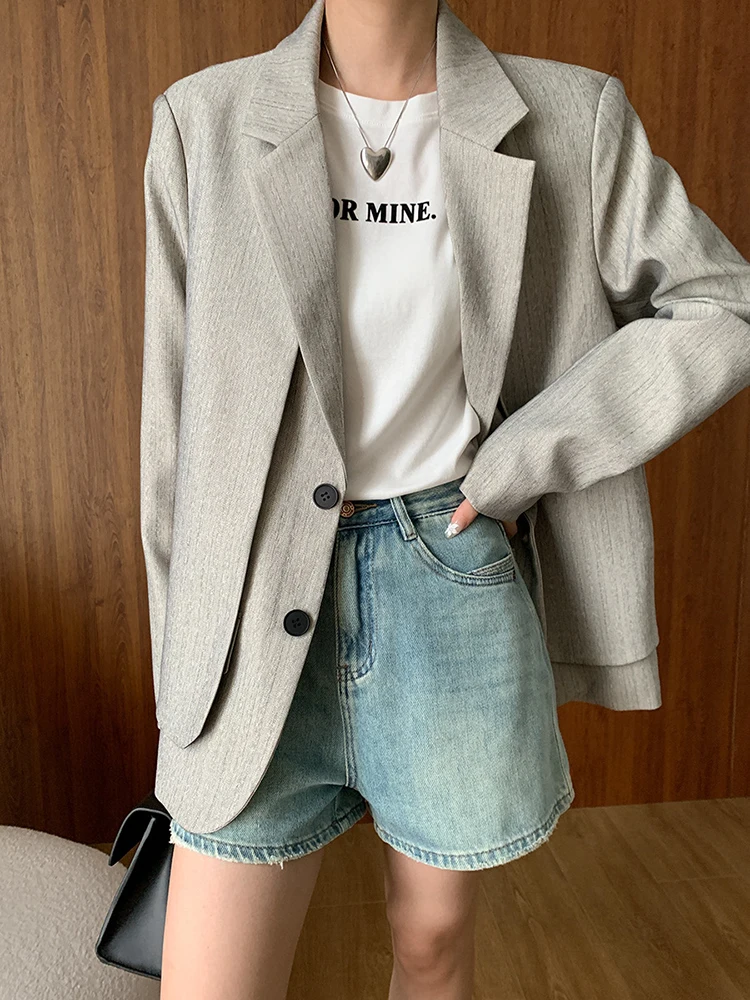 Women Gray Double Layers Big Size Elegant Blazer New Lapel Long Sleeve Jacket Fashion Tide Spring Autumn