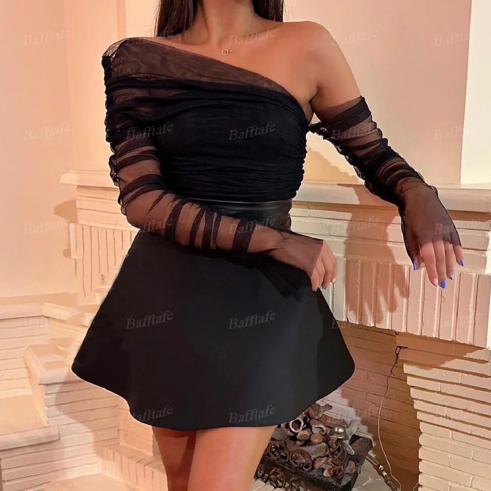 Customized Black A Line Mini Prom Dresses Off The Shoulder Tulle Long Sleeves Formal Party Homecoming Dress Girl Dance Gowns