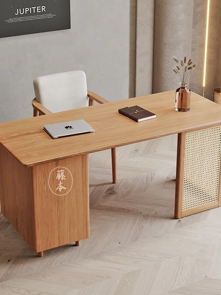 Solid Wood Rattan Desk Study Living Room Computer Desk Bookcase Integrated Assemblage Zone Drawer