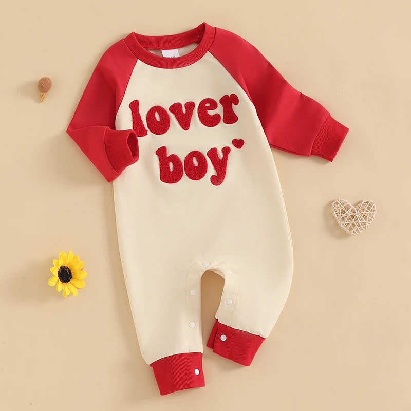 Infant Boy Fall Jumpsuit with Embroidered Alphabet Design Crew Neck and Long Sleeves Stylish Contrast Color