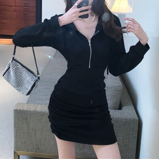 Abito aderente da donna Primavera Autunno Nuova collezione Elegante abito a maniche lunghe snellente in vita grigio nero