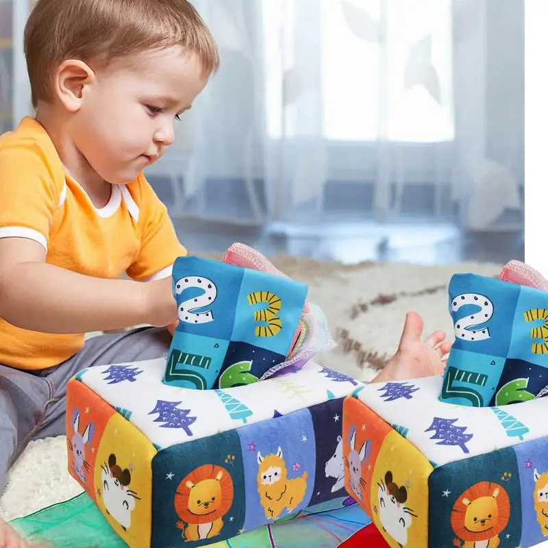 Caja de pañuelos Montessori para bebé, juguete sensorial de desarrollo suave colorido para niños pequeños