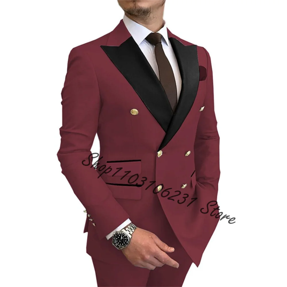 Tepe yaka çift göğüslü erkek takım elbise 2 parça iş resmi Groomsmen düğün smokin Slim Fit ceket Blazer pantolon kostüm Homme